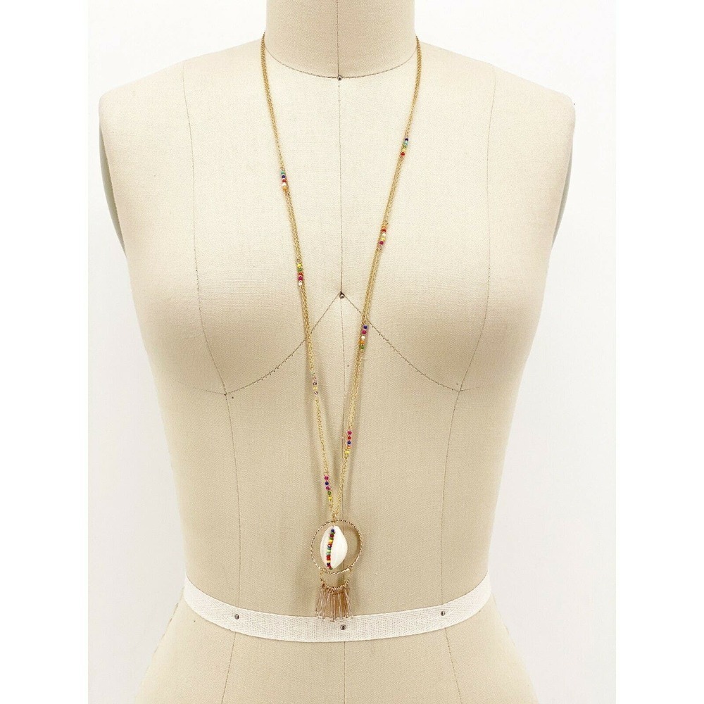 Inc Necklace Gold-Tone Multicolor Shell Long Pendant Statement Tassel Cowrie New